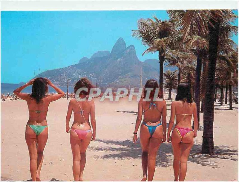 Modern Postcard Rio de Janeiro Brazil Ipanema Beach with girls in loincloth