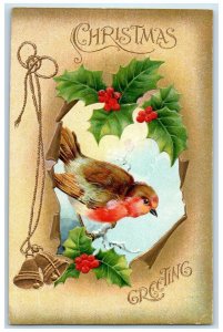 c1910's Christmas Greeting Bird Holly Berries Ringing Bells Embossed Postcard