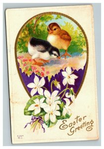 Vintage 1913 Easter Postcard Cute Chicks in the Forest Giant Gold Purple Egg