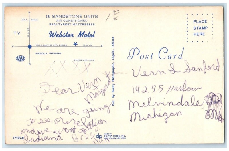 c1960 Sandstone Unites Webster Motel Exterior Building Angola Indiana Postcard