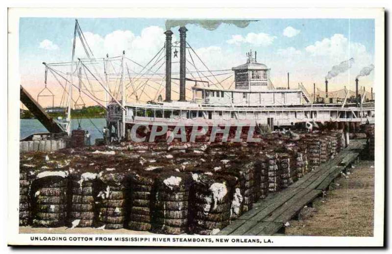 Postcard Old Ship Ship Unloading cotton from Mississippi River Steamboats New...