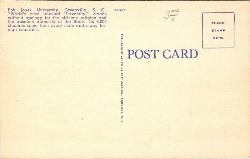 Postcard SC Greenville Bob Jones University Radio Station WMUU LINEN 1940s S80