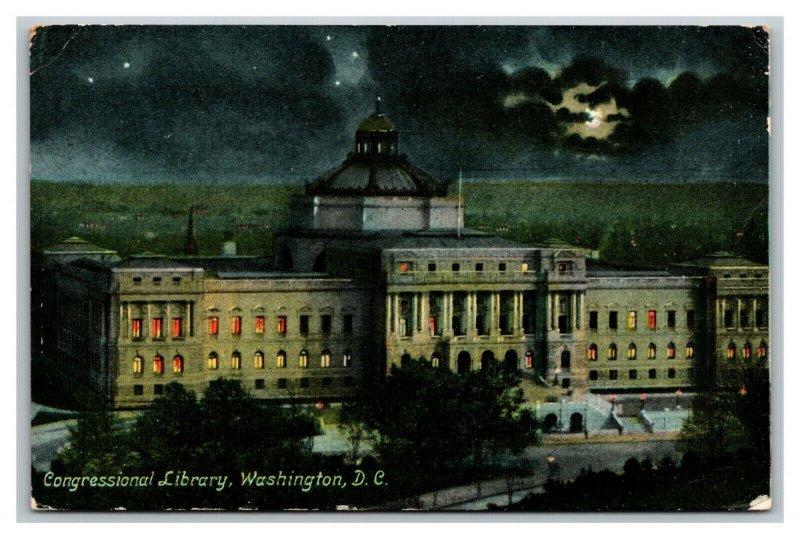 Vintage 1910 Postcard Panoramic View Library of Congress at Night Washington DC