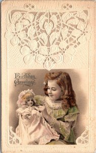 Birthday Greetings Postcard Little Girl Holding a Doll