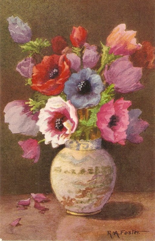 R.A. Foster. Beatutiful flowers in vase Old vintage Swiss artist signed postca