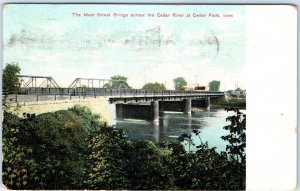 c1910s Cedar Falls, IA Cedar River Main St & Railroad Bridges Postcard Cute A62