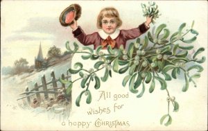 Tuck Christmas No. 102 Little Boy with Hat Among Mistletoe c1910 Postcard