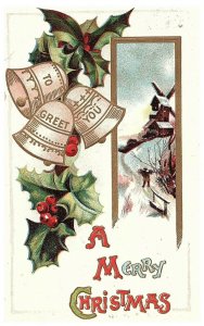 A Merry Christmas Posted Vintage Christmas Postcard w/ Bells Holly 1911