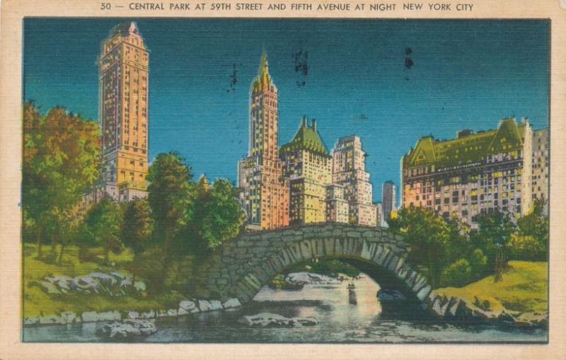 Central Park NYC New York City at 58th Street and Fifth Avenue - pm 1943 - Linen