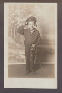 rppc c1910 LITTLE BOY Posing SAILOR SUIT Cap SWORD Studio Shot SALUTING NAVY