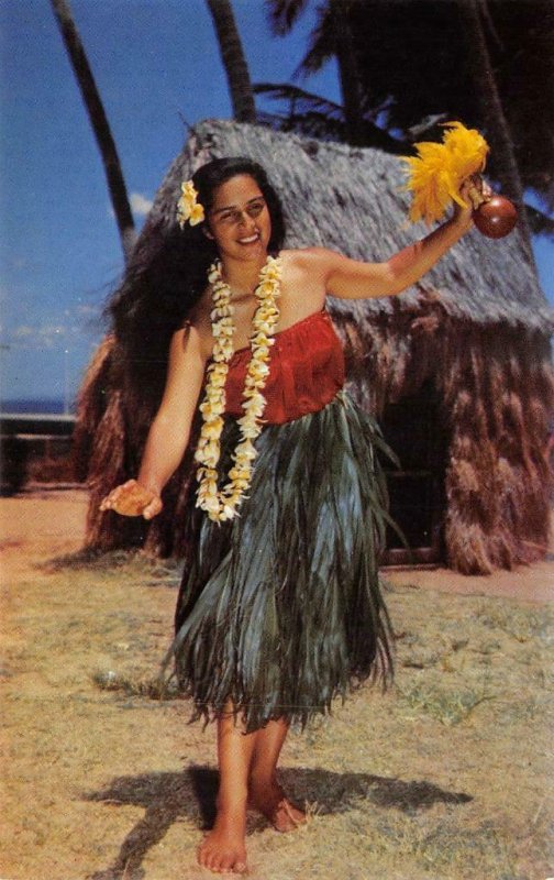 HULA DANCER Hawaii Grass Skirt Lei c1950s Chrome Vintage Postcard