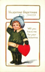 Embossed Valentine Greetings Postcard, Child in Snowsuit, Whitney Co. Unposted