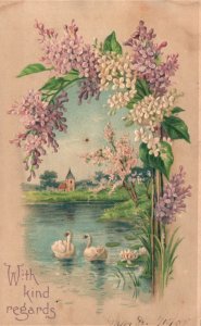 Vintage Postcard 1908 With Kind Regards Swan Lake Pond Colorful Flower Border
