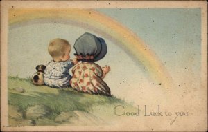 Twelvetrees ? Little Boy Dog Sunbonnet Girl Rainbow Vintage Postcard