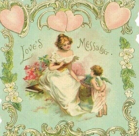 1880s Embossed Die-Cut Valentine Card Poem Cupid & Lovely Lady *A