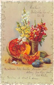 US3211 Flowers in Vase, Fruits Postcard pumpkin artist signed