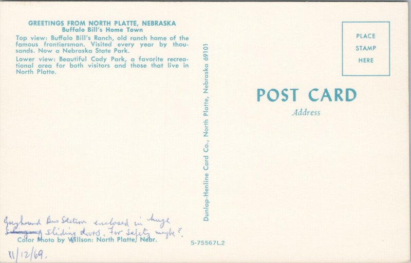 North Platte Nebraska NE Buffalo Bill's Home Town c1969 Vintage Postcard H3
