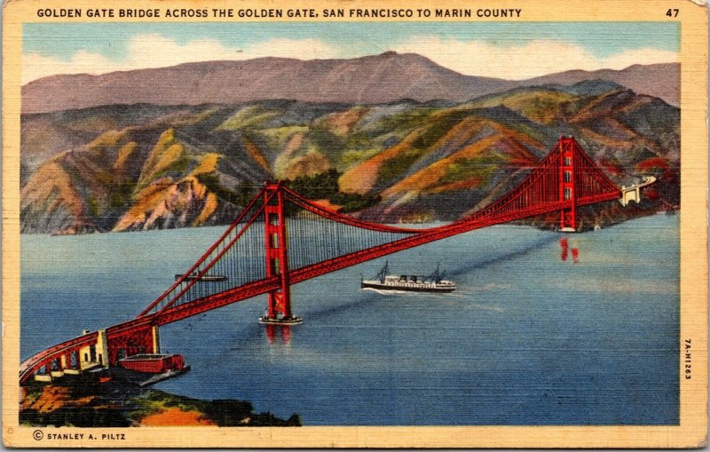 Golden Gate Bridge San Francisco Marin County Mountains Linen Ship Postcard 