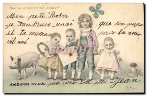 Old Postcard Fantasy Illustrator Child Clover Horseshoe fungus Dog Pig Pig