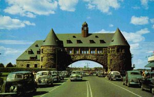 The Towers over Road Cars Narragansett Rhode Island 1950s postcard