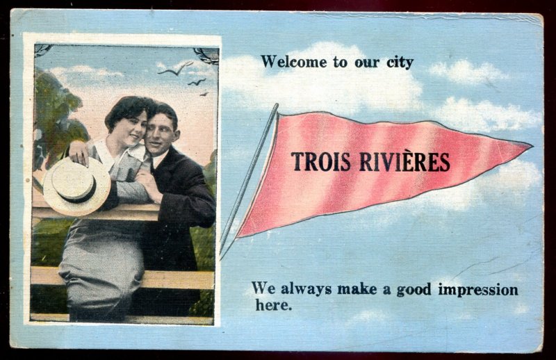 dc1266 - TROIS RIVIERES Quebec Postcard 1910s Greetings Pennant Lovers