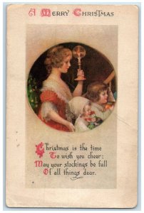 1923 Christmas Tree Candle Mother And Children With Toys Wolf Vintage Postcard