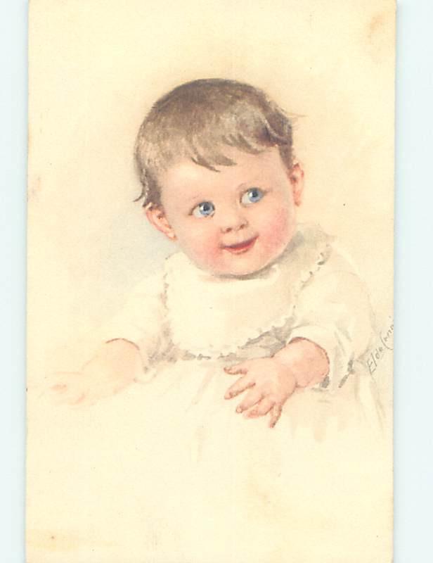 Unused Pre-Linen foreign signed BLUE EYED BABY LOOKING TO THE SIDE J4787