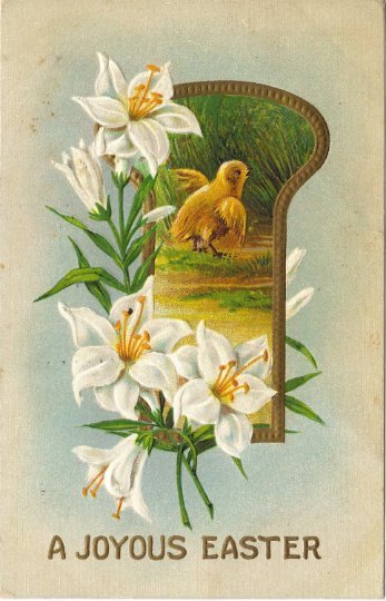 Chick and Lily Flowers In Key Hole Frame Easter Greeting Vintage Postcard