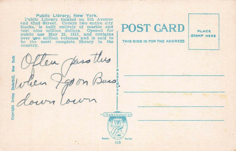 Public Library and Fifth Ave, Manhattan, New York, N.Y., Early Postcard, Unused