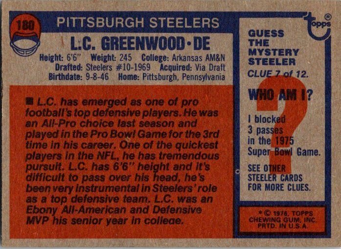 1976 Topps Football Card L C Greenwood Pittsburgh Steelers sk4454