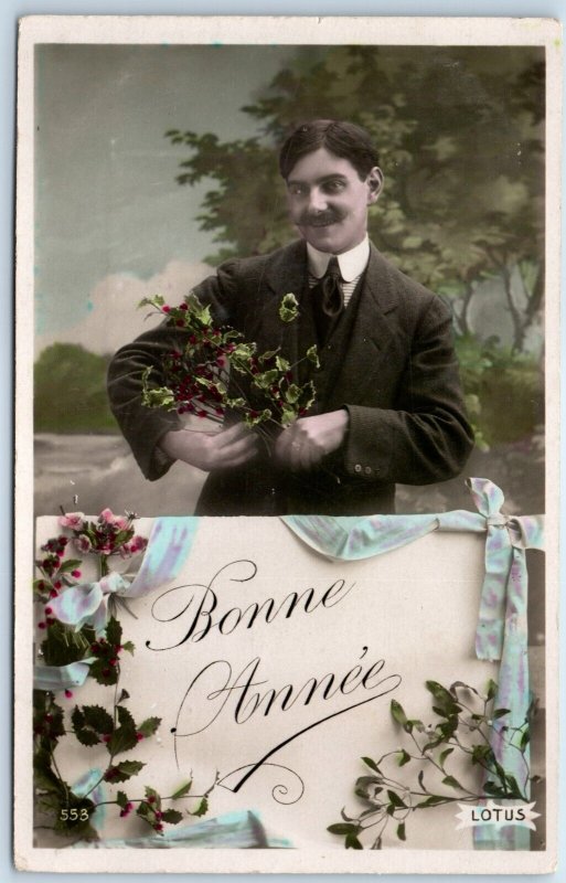 c1910s French Man Happy New Year RPPC Hand Colored Lotus Floral Real Photo A149