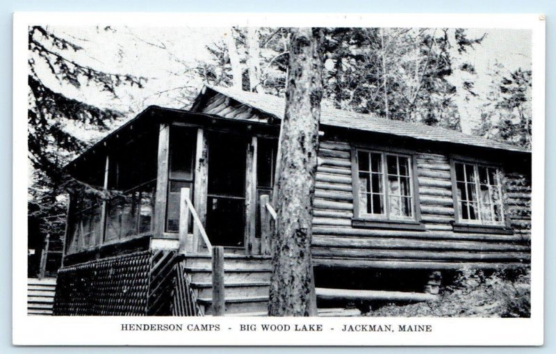 2 Postcards JACKMAN, Maine ME ~ Log Cabin HENDERSON CAMPS Big Wood Lake c1950s