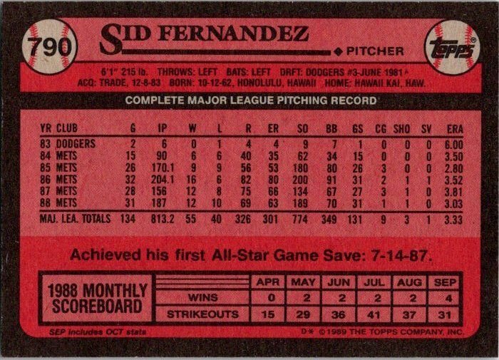 1989 Topps Baseball Card Sid Fernandez New York Mets sk3126