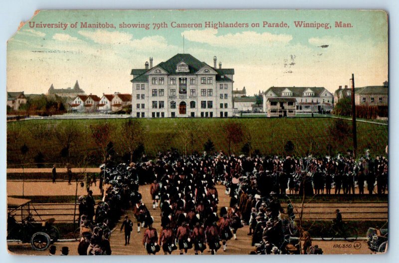 Winnipeg Canada Postcard University of Manitoba Highlanders Parade 1915