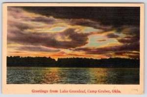 1943 WWII GREETINGS FROM LAKE GREENLEAF CAMP GRUBER OKLAHOMA LINEN POSTCARD
