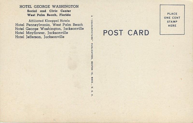 West Palm Beach FloridaHotel George WashingtonSocial Civic Ctr1940s Postcard