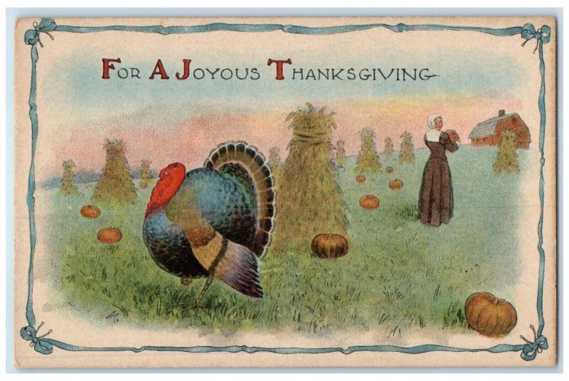 c1910's Thanksgiving Turkey Scene Farm Field Woman Pumpkin Antique Postcard