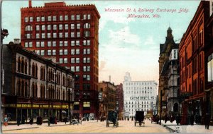 Vintage Postcard Wisconsin St. & Railway Exchange Bldg Milwaukee, WI JX5