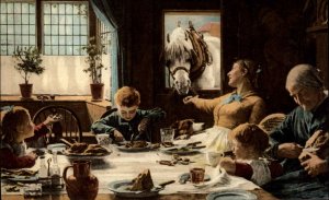 Woman Feeds Horse From Full Dining Table c1910 Postcard - Wonderful Image