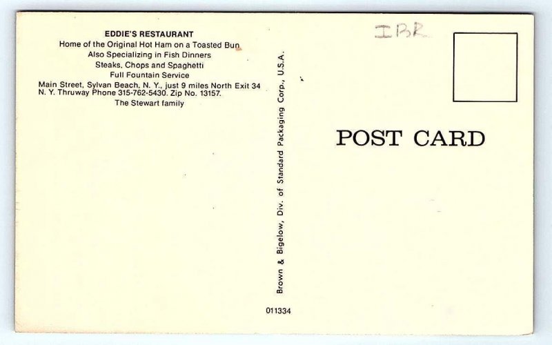 SYLVAN BEACH, NY New York ~  EDDIE'S RESTAURANT c1950s Roadside Postcard