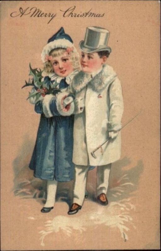 PFB Christmas - Kids as Fancy Grown-Ups Coats Hat Cane c1910 Postcard #1