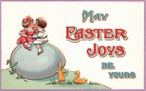 Vintage Postcard 1910s May Easter Joys Be Yours Li'l Girl & Boy On Egg Greetings