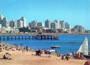 VINTAGE CONTINENTAL SIZE POSTCARD BEACH SCENE PUNTA DEL ESTE URUGUAY