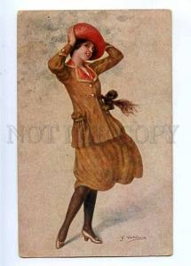 189720 Italian FASHION Girl in Red Hat Vintage postcard