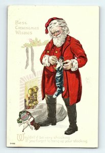 C.1910 Best Christmas Wishes Santa Claus Toys Stocking Postcard P151