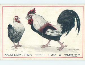 Bent Pre-Linen comic signed WALL - ROOSTER TALKING TO HEN CHICKEN HL2483