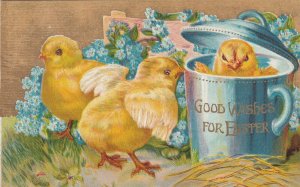 EASTER, PU-1909; Good Wishes, Chicks playing around cup w/lid, Forget-Me-Nots