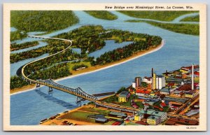 La Crosse Wisconsin~Aerial New Bridge Over Mississippi River~1939 Linen Postcard