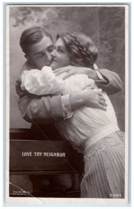 1908 Love Thy Neighbor Couple Romance Studio RPPC Photo Posted Antique Postcard