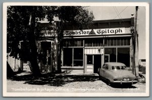 Postcard RPPC c1950s Tombstone AZ Tombstone Epitaph Newspaper Office Old Car